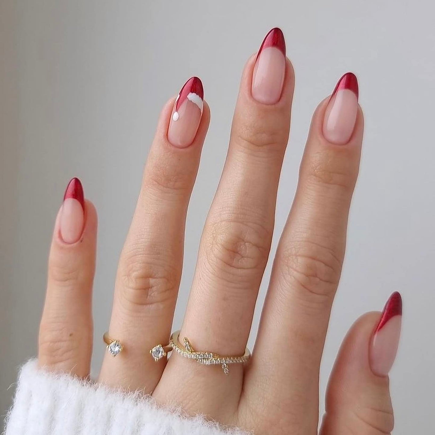 MISUD Almond, Stiletto False Nails 24pcs - Red French Tip, Christmas Hat Design, ABS Material, Press On Nails, Artificial Nails