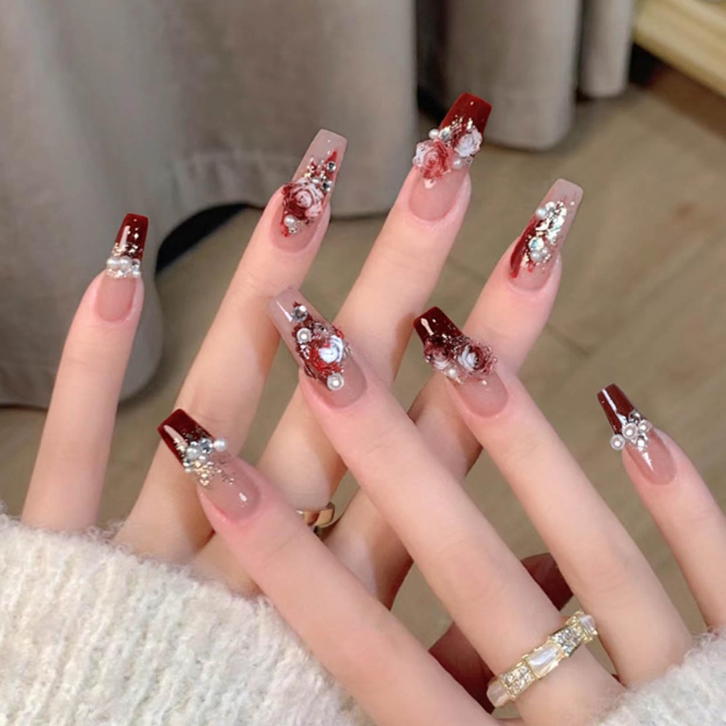 Hkanlre 3D Press on Nails Medium Fake Coffin Nails Tips Full Cover Luxury False Nails for Women and Girls 24PCS