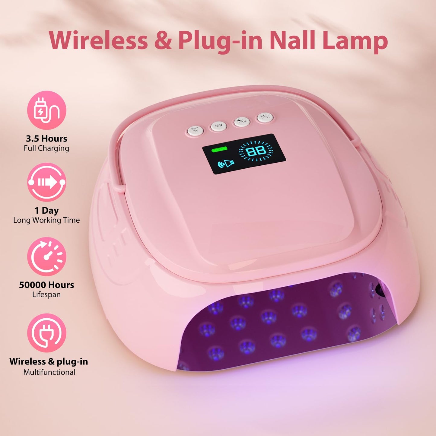 Purtato 126W Cordless Rechargeable UV LED Nail Lamp with Large Space, Handle and Foot Rest, Fast Curing Gel Nail Dryer with 4 Timers for Salon and Home (Pink)