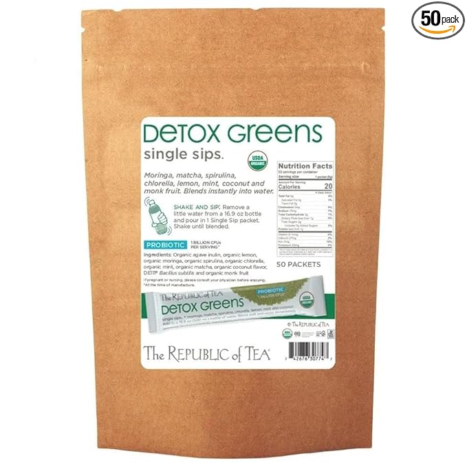 The Republic of Tea Organic Detox Greens Single Sips, 50 Single Sips, Matcha Coconut Lemon Mint