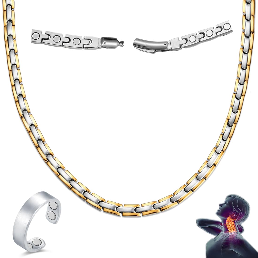Vicmag Magnetic Titanium Necklace for Men & Women, Titanium Necklace Set with 4X Ultra Strength Magnets Ring, Adjustable Chain & Sizing Tool(Silver Gold)