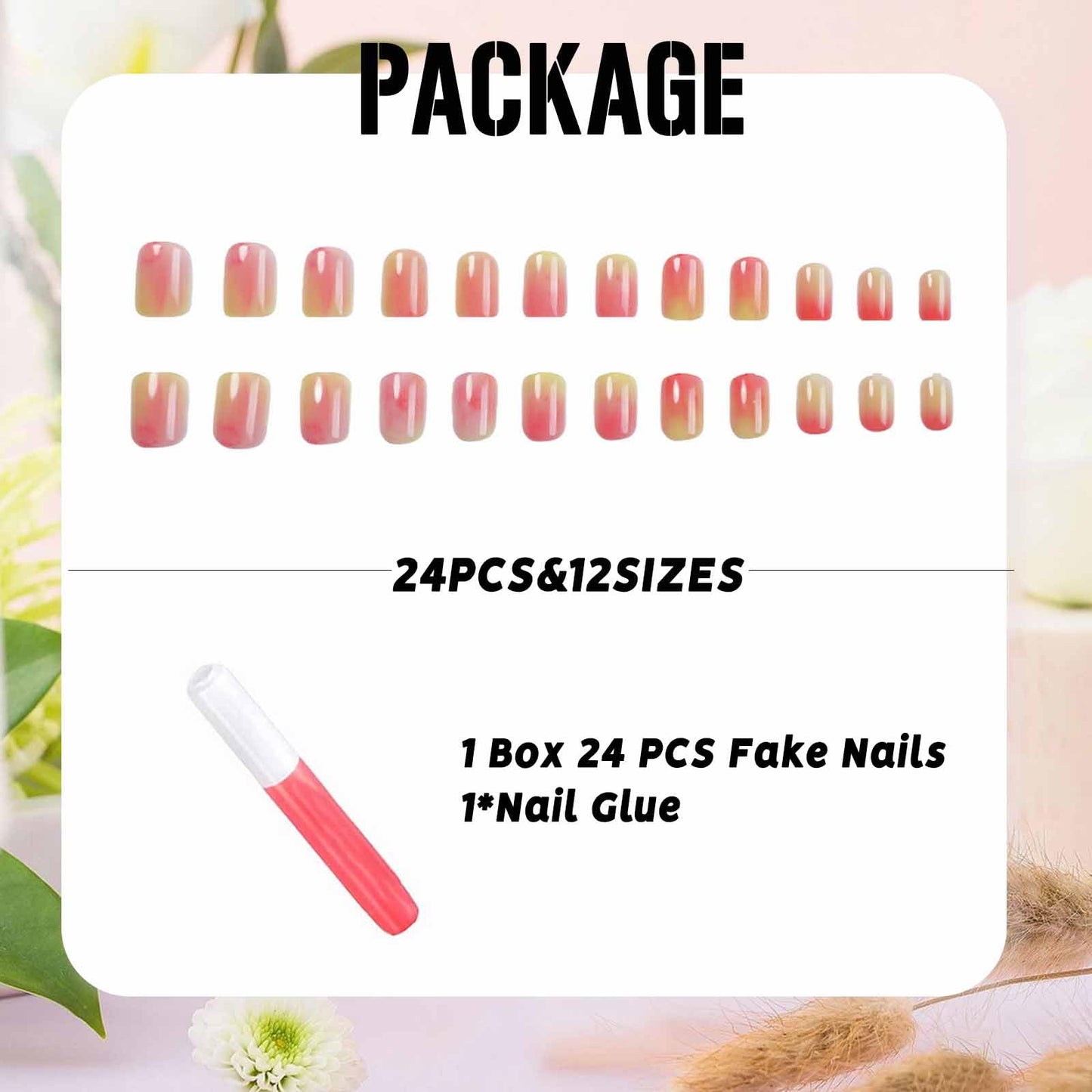 IMSOHOT Press on Nails Short Square Fake Nails Glossy Acrylic Full Cover Pink Yellow Ombre False Nails for Women Girls Summer Cute Glue on Nails 24Pcs