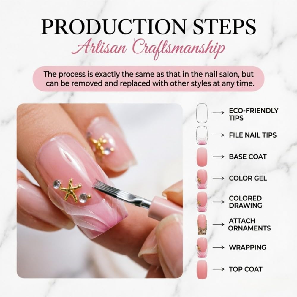 Vokupoga Handmade Press on Nails Square Medium French Tip Fake Nails with 3D Rhinestones Flower Designs Summer Glossy Acrylic Nails for Women 10Pcs(Size M)
