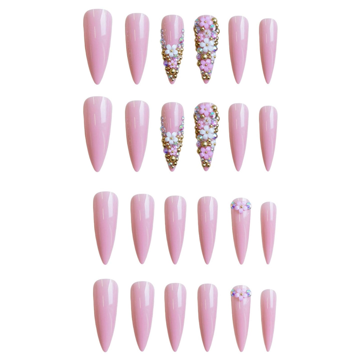 IMRAIN Long Press on Nails Stiletto Pink Fake Nails Rhinestone & Flower Designs Glossy Glue on Acrylic Nails Full Cover Luxury Bling Handmade Stick on False Nails for Women 24Pcs