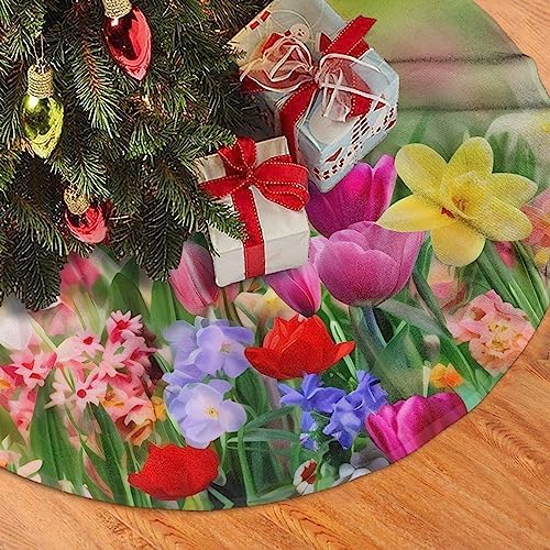 Spring Flowers Summer Christmas Tree Skirts 48", Xmas Tree Cloth Mats Trees Skirts for Decor Gift, Home Decoration