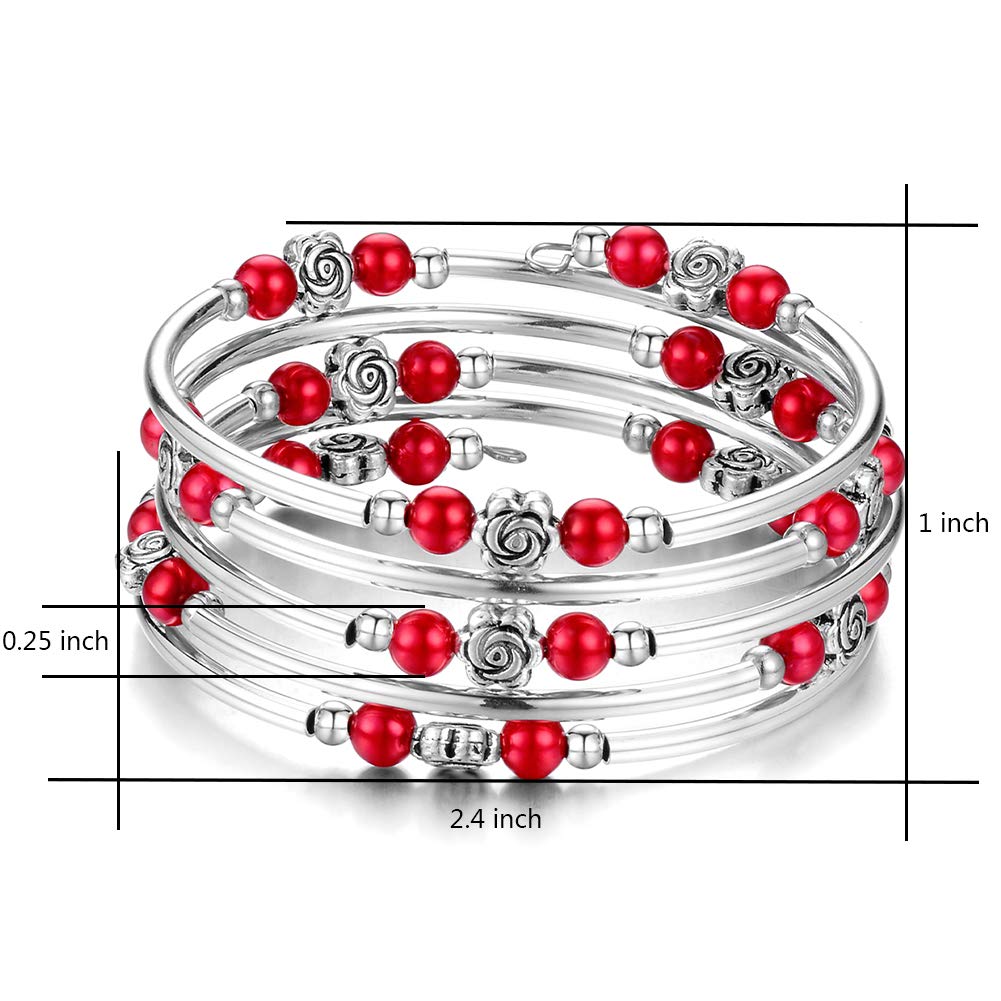 BULINLIN Wrap Bangle Rose Bead Bracelet - Beaded Bracelet with Natural Agate Stone Gifts For Women(01-Red pearl)