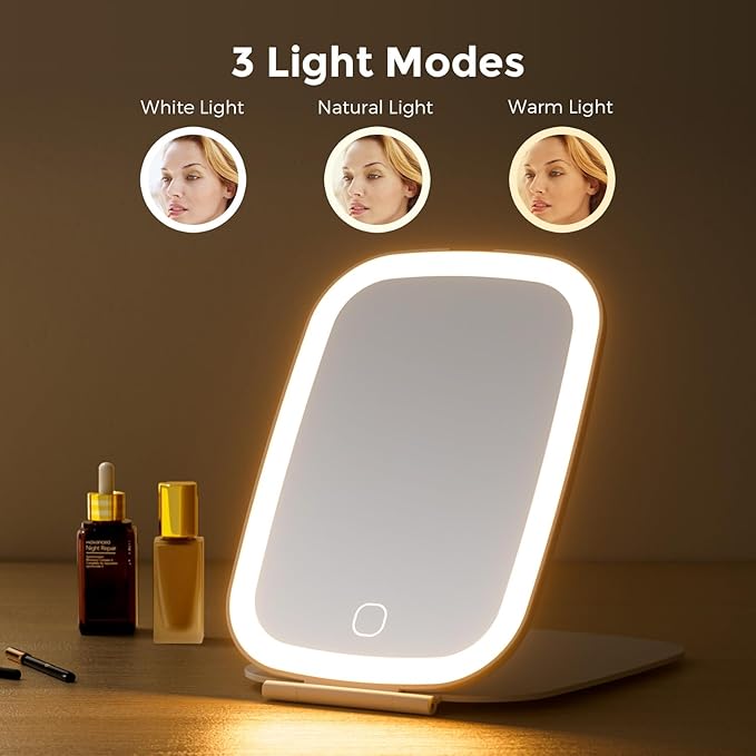 Travel Makeup Mirror, Rechargeable Portable Mirror with Lights, 3 Color Lighting, 7.5 inch Ultra Thin and Lightweight LED Folding Vanity Mirror