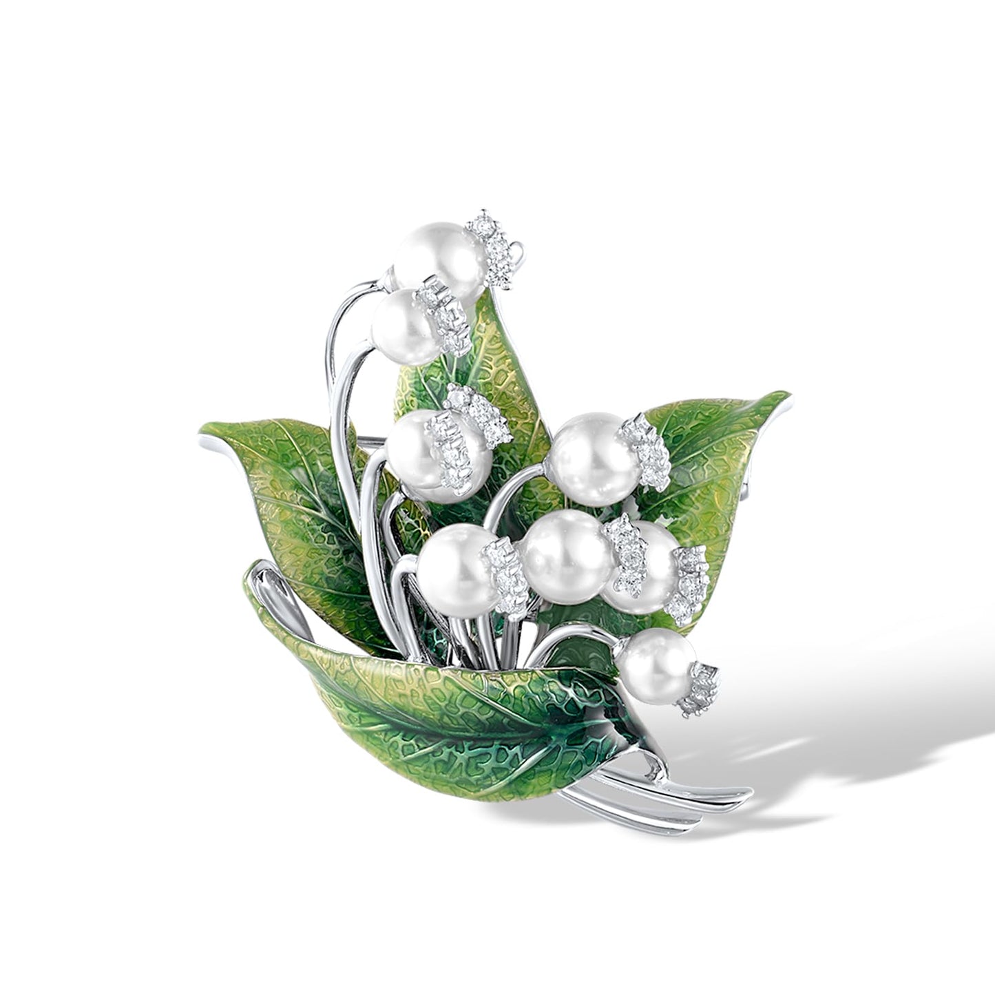 Santuzza Convallaria Brooch 925 Sterling Silver Crystal Pearl Cubic Zirconia Enamel White Flower Brooch Pin for Women