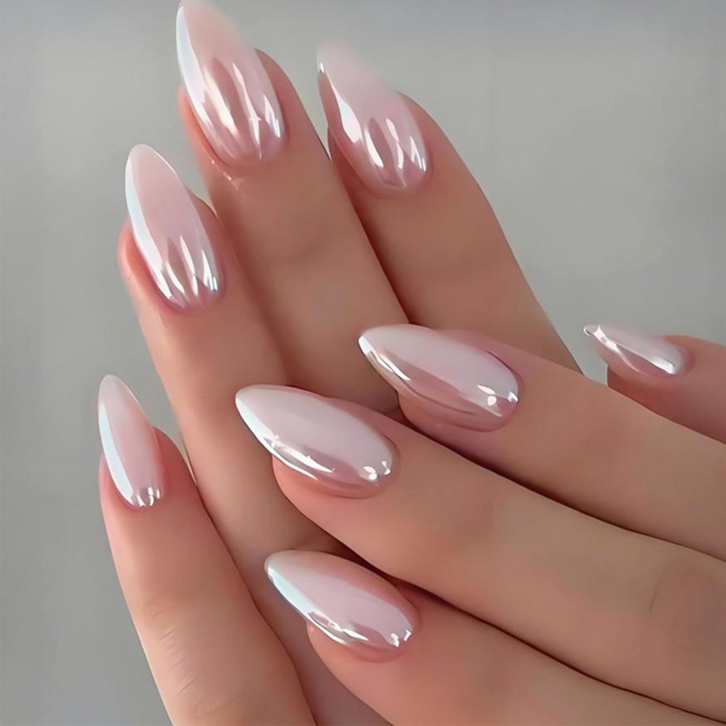 24Pcs Almond Press On Nails Pink Chrome Fake Nails Glossy Pearlescent Pink False Nails Reusable Artificial Nails Medium Length Acrylic Full Cover Glue on Nails for Women Wedding Party Manicure Set