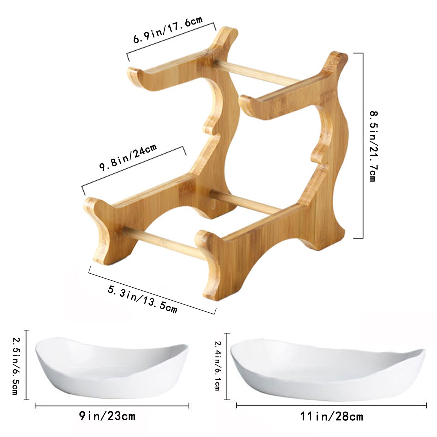 Liywall - 2 Tier Ceramic Fruit Bowl With Bamboo Wood Stand for Kitchen Counter,Porcelain Fruit Basket for Vegetable Storage,Snack Dessert Cake Tray Plate Rack for Party Wedding - White