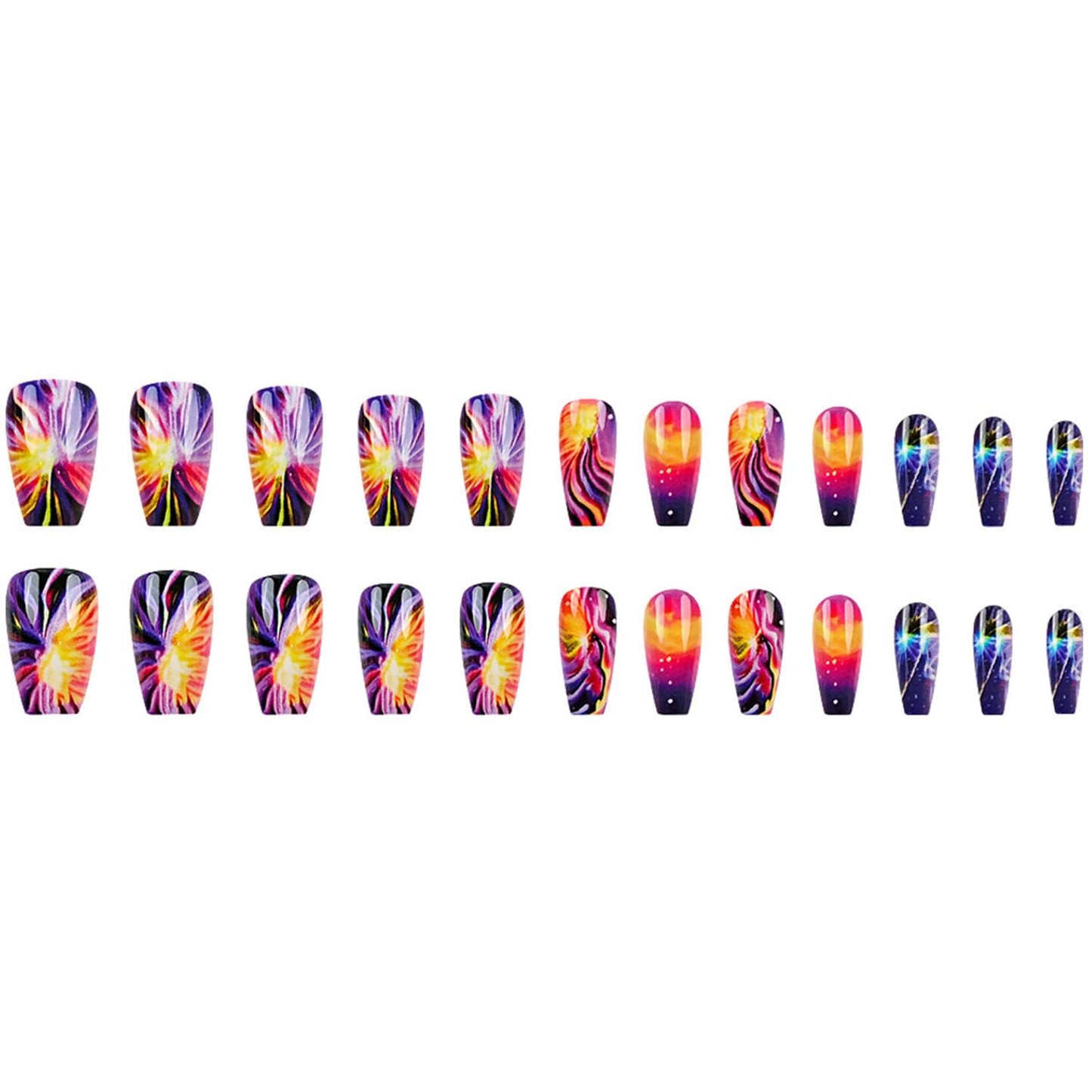 Short Coffin Press on Nails Colorful Fake Nails Firework Acrylic Nails Glossy Full Cover Nails Press ons Purple & Blue Reusable Stick on Nails for Women 24 Pcs