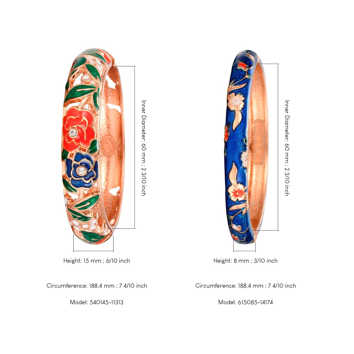 UJOY Handmade Enamel Bracelets Hollowed Filigree Golden Open Spring Hinge Cuff Crystals Bangles Jewelry for Women 88A10-55B31 red Blue