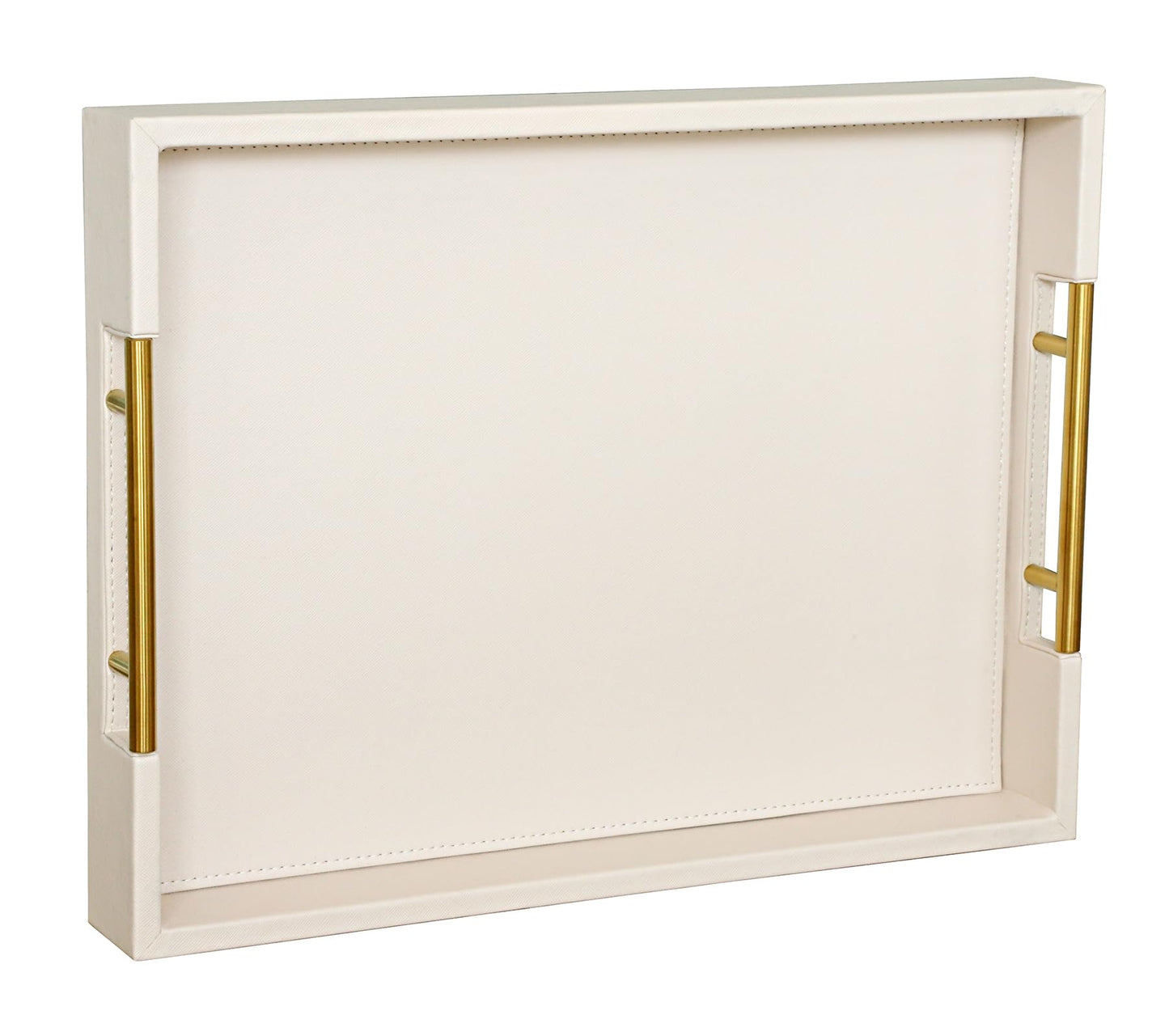 HofferRuffer Faux Leather Serving Tray with Gold Metal Handles, Stylish Decorative Tray Organizer for Coffee Table, Ottoman, Home Decor and Serving (CreamWhite, 16.2" x 12.2" x 2")