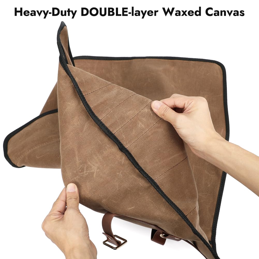 JOINDO Knife Roll with Leather Straps and Metal Buckles, Double Layer Waxed Canvas Knife Bag, Large Chef Knife Bag with Handle and Shoulder Strap