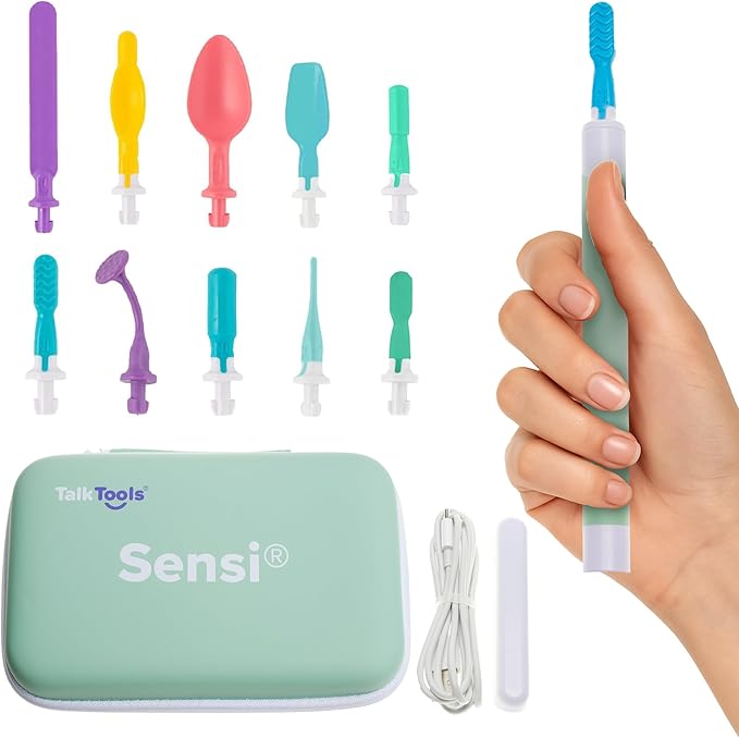 TalkTools Sensi Rechargeable Oral Sensory Therapy Tool with Soft Sensi Jaw Tips – 10-Piece Adjustable Sensory Stimulation Set for Oral Motor Awareness & Feeding Skill Development –Green