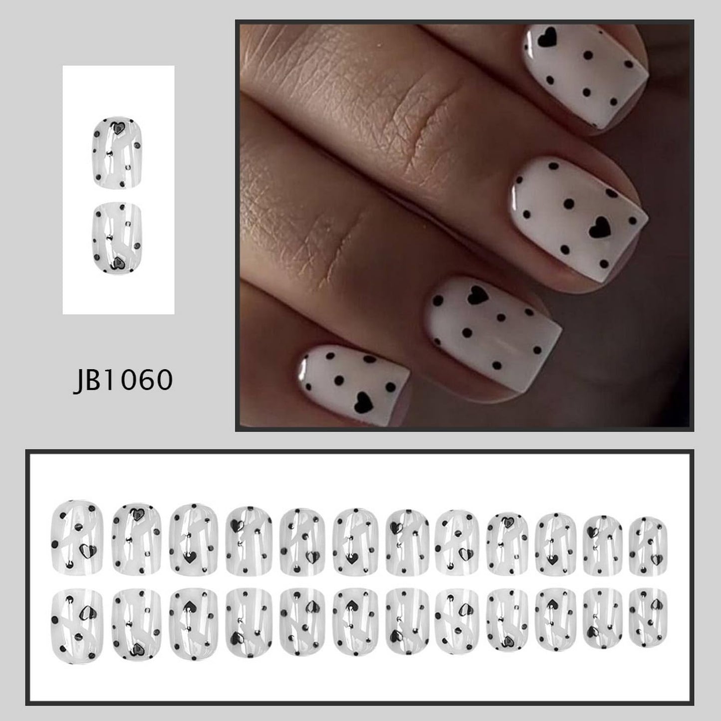 Valentine's Day Press on Nail Short Square Fake Nails with Polka Dot Heart designs White Black False Nails Glossy Full Cover Acrylic Press ones Reusable Glue on Nails for Women Girls Manicure24pcs
