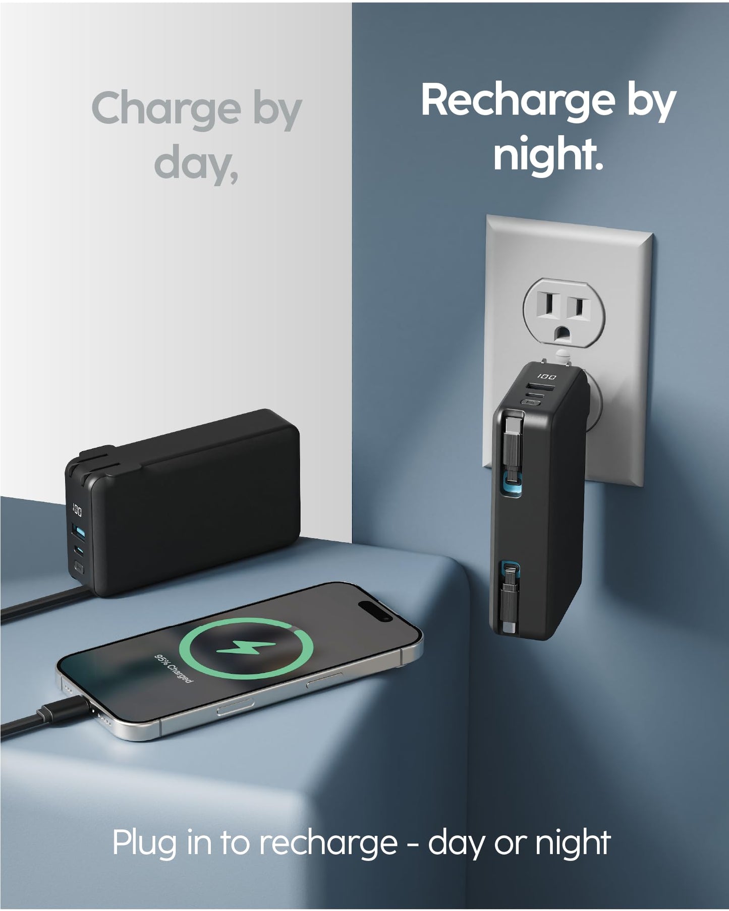 myCharge RetractaCharger+ 10000mAh Portable Power Bank - 28" Retractable 1 USB-C & 1 Lightning Cables | Built-in Wall Plug | Digital Display | USB-C/A Ports | Up to 60 Hours of Power | Black