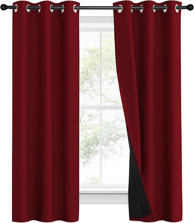 NICETOWN 100% Blackout Curtains with Black Liner Backing, Thermal Insulated Curtains for Living Room, Noise Reducing Drapes for Christmas, Burgundy Red, 37" x 60" Per Panel, Set of 2