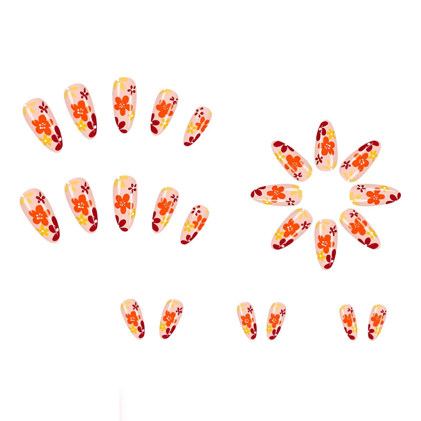 IMSOHOT Fall Press on Nails Almond, Medium Glossy Acrylic Fake Nails, Reusable Nail Kit with Nail Glue, Full Cover Orange Brown False Nails with Flower Designs, 24Pcs