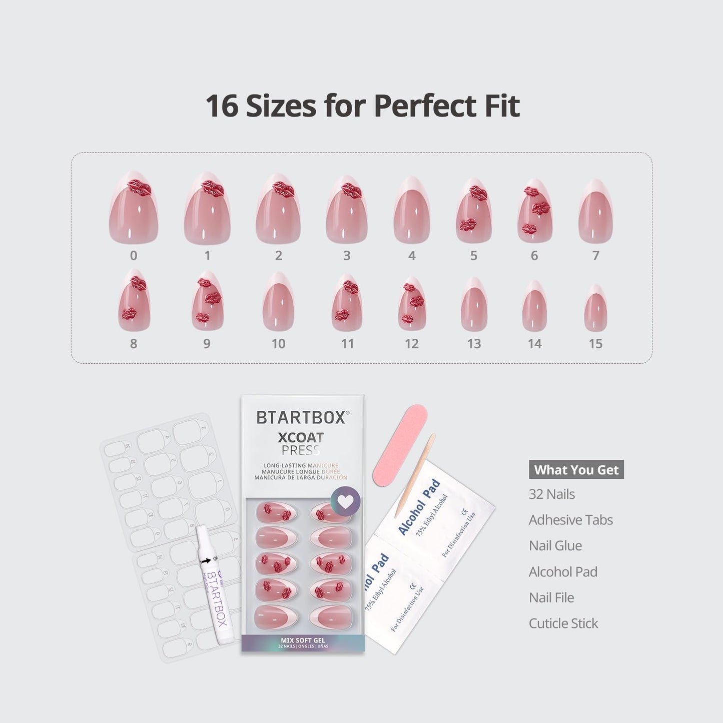 BTArtbox French Tip Press On Nails - Date Night, Lamp-Curable 3D Red Lips Short Almond Press On Nails with Glue and Adhesive Tabs for Women in 16 Sizes - 32 Nails All-in-One Kit