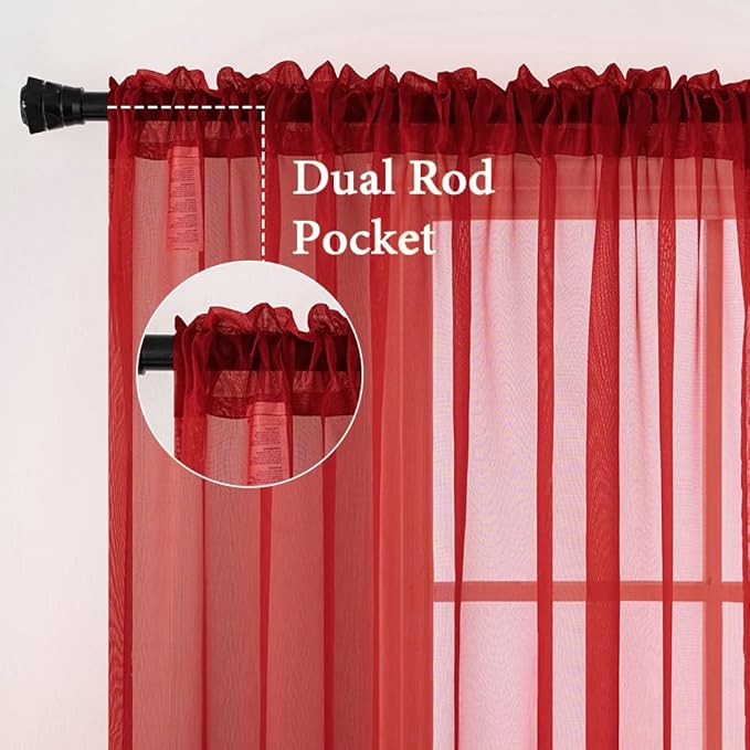 MIULEE 2 Panels Red Solid Color Sheer Christmas Window Curtains Elegant Window Voile Panels/Drapes/Treatment for Bedroom Living Room (54X54 Inches)