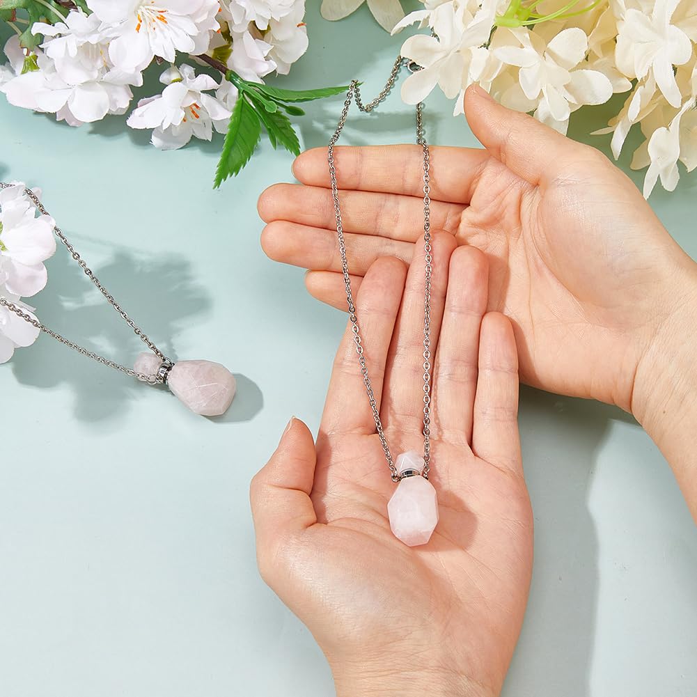 SUPERFINDINGS 2Pcs Perfume Bottle Necklace Essential Oil Diffuser Necklace Pink Natural Rose Quartz Perfume Bottle Pendant with 304 Stainless Steel Chain Gemstone Vial Pendant for Woman Men