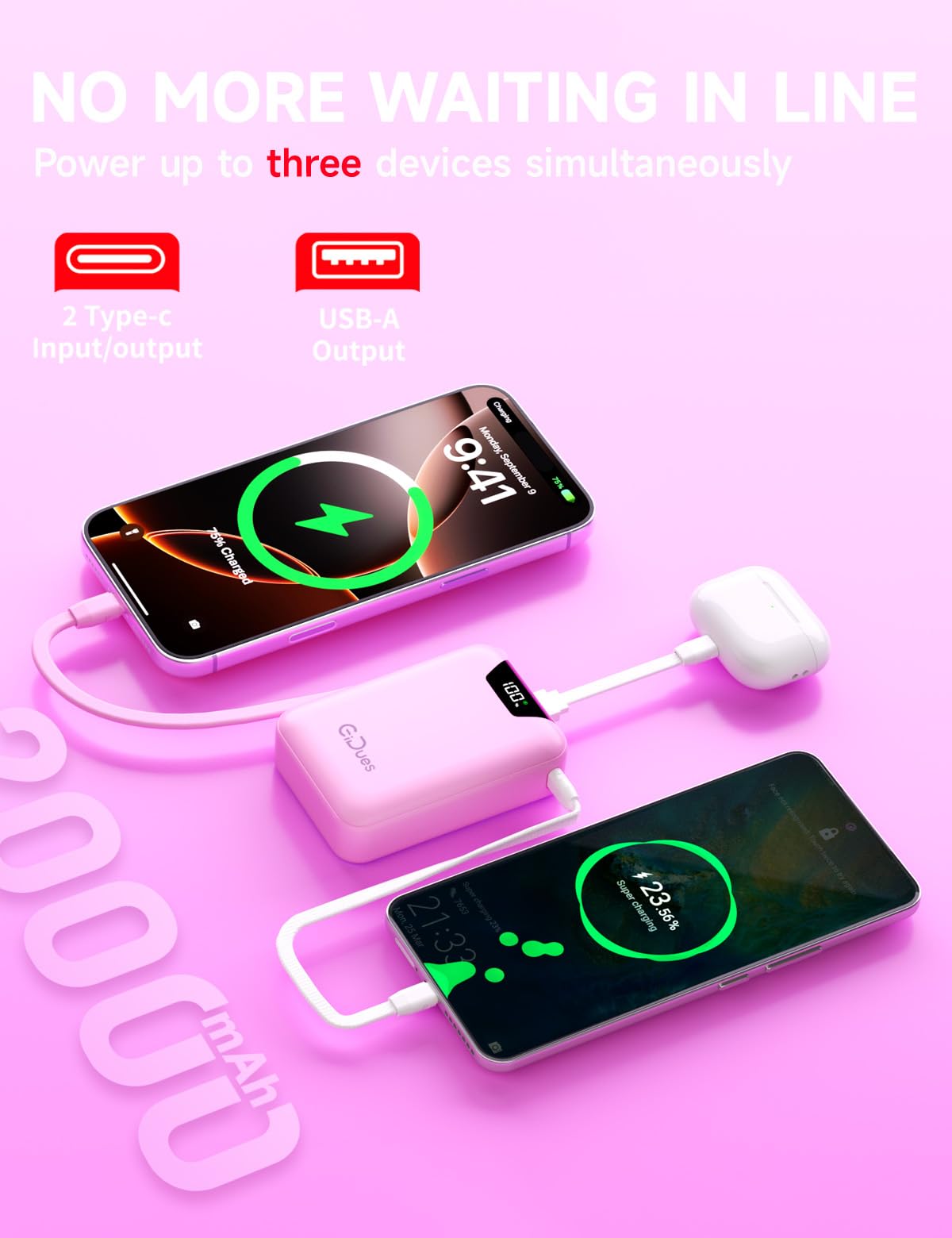 Gidues M2 Portable Charger, 20000mAh Power Bank, PD 35W Ultra Fast USB-C Built-in Cable, Compact Cute Mini External Battery Pack for iPhone, Samsung, Android iPad (Pink)