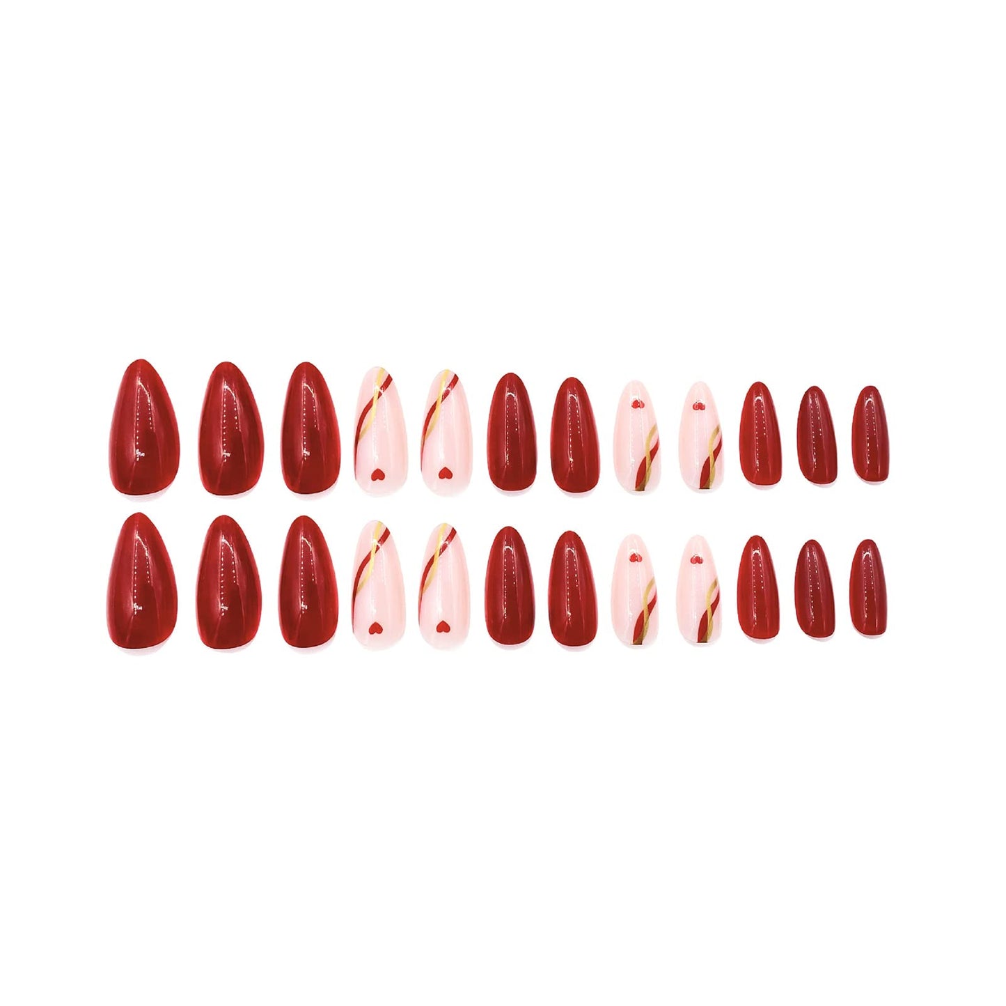MISUD Press on Nails - Medium Almond Fake Nails with Red Heart, Acrylic Gold Line Design 24 pcs