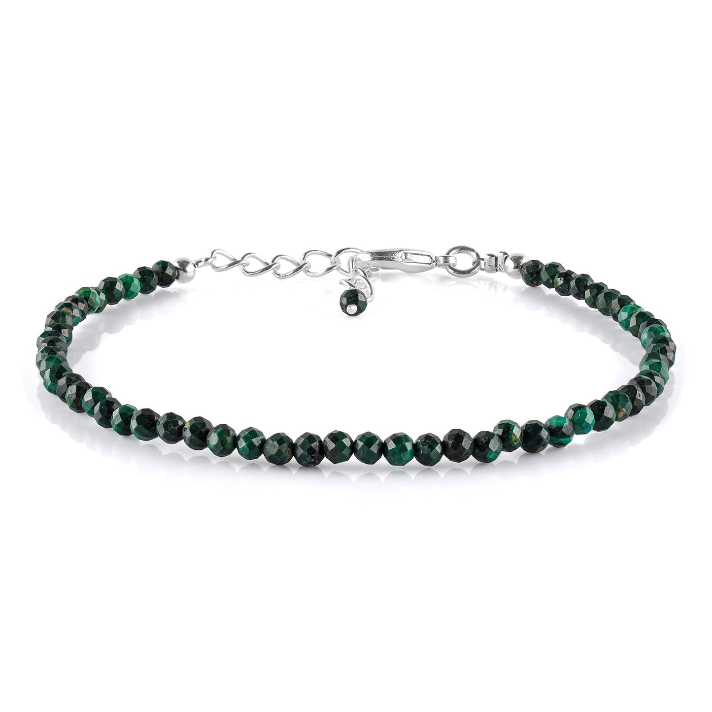 Natural Green Malachite Gemstone Micro Beads Dainty Bracelet Jewelry for Women Gifts For her, Birthstone Energy Crystals, Silver Plated Chain 8 inch