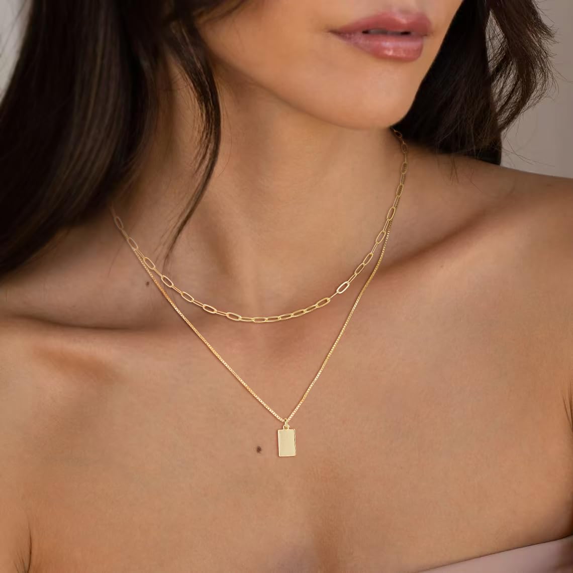 MFRYK Gold Necklaces Stack For Women,14K Gold Plated Simple Layered Choker Necklaces,Stackable Multilayer Gold Small Square Pendant Box Paperclip Chain Layered Necklaces Set Jewelry Gift for Women