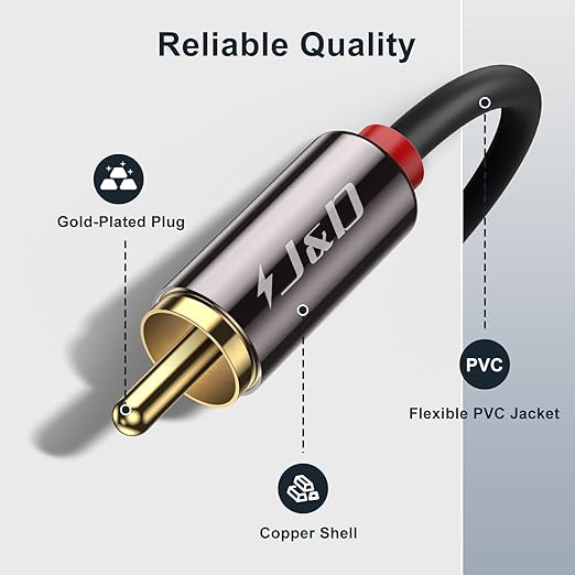 J&D 2 RCA M/M Stereo Audio Cable, Gold-Plated 2RCA Male to 2RCA Male Copper Shell Auxiliary Audio Cord for Home Theater HDTV Amplifiers Hi-Fi Systems Speakers, RCA Audio Cables, 10 Feet