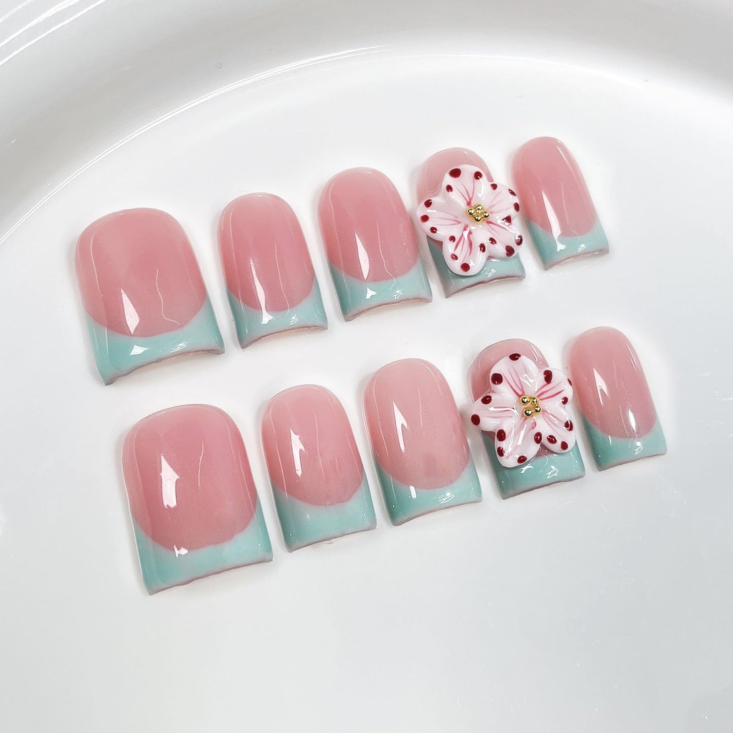 10 Pcs Handmade Press on Nails Short Square Fake Nails with 3D Flower Light Green French Tip Design Acrylic False Nails Pink M Size Press Ons Nails Square for Women Nail Art