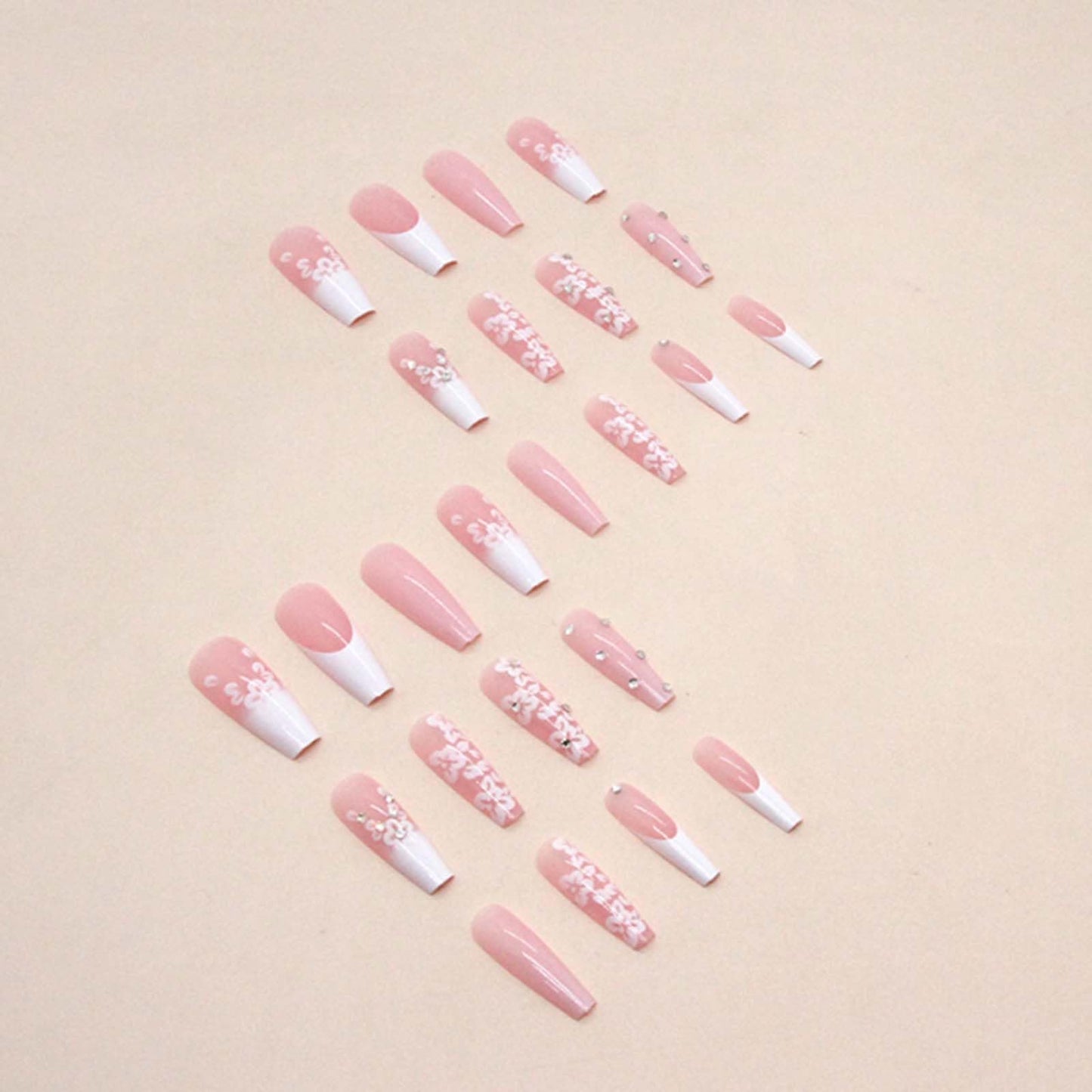 YoYoee Long Coffin False Nails French Gradient Press on Nails Full Cover Fake Nails Crystal Gem Design Nails Tips for Women and Girls 24PCS
