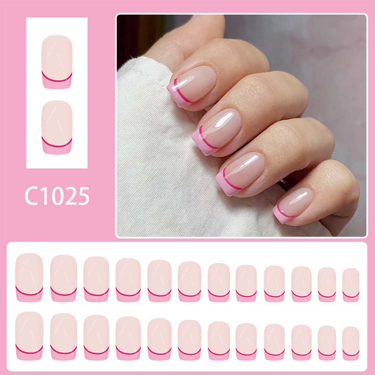 Square Press On Nails Medium Fake Nails Pink French Tip False Nails With Design Acrylic Full Cover Glue On Nail Artificial Glossy Nude Stick On Nail Reusable For Women Manicure 24Pcs
