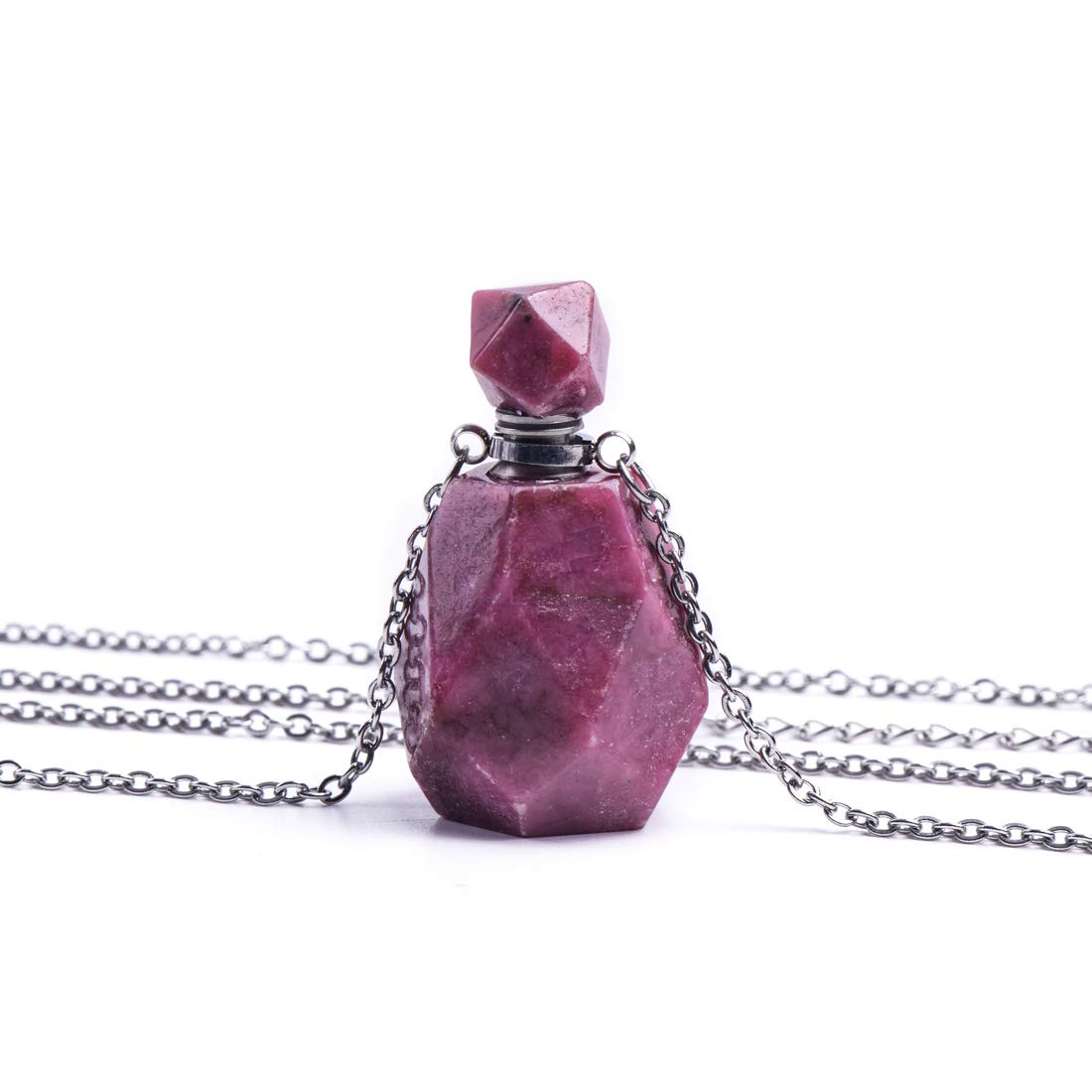 YGLINE Rhodonite Natural Gemstone Perfume Bottle Pendant,Slive Plated Healing Chakra Crystal Vial Perfume Bottle Necklace