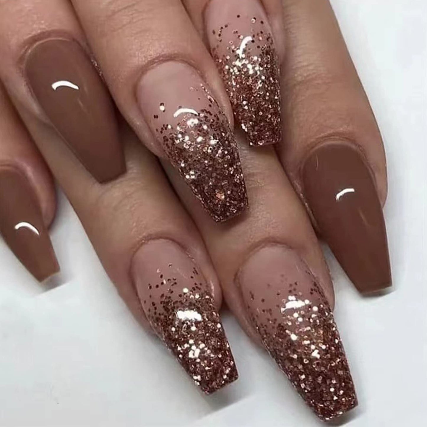 SINHOT Coffin Press on Nails Medium Ballerina Glossy Glue on Nails Brown Gradient Acrylic False Nails Designs 24 pcs