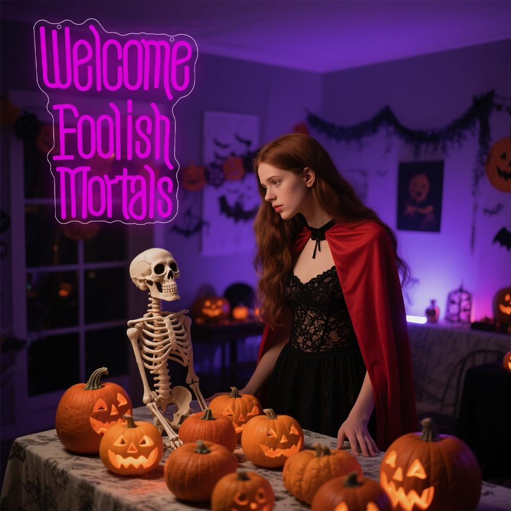 RuCvixkt Welcome Foolish Mortals Neon Sign for Wall Decor, Coffin LED Halloween Neon Signs Spooky Gothic Haunted Mansion Decor, USB Powered Led Neon Light for Man Cave, Party,Haunted House