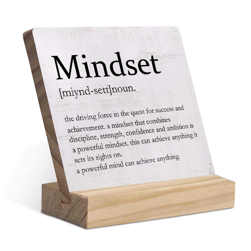 Mindset Definition Wood Plaque with Wooden Stand,Motivational Wooden Plaque Sign Desk Decor for Home Office Table Shelf Decorations