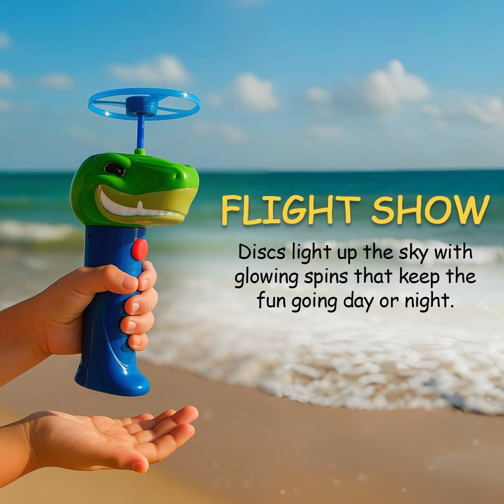 Spinz Night T-Rex Flying Disc Launcher, Light Up Propeller Outdoor Toy with Dinosaur Head and 2 Spinning Discs, Flies Over 30 Ft, 5+ Years