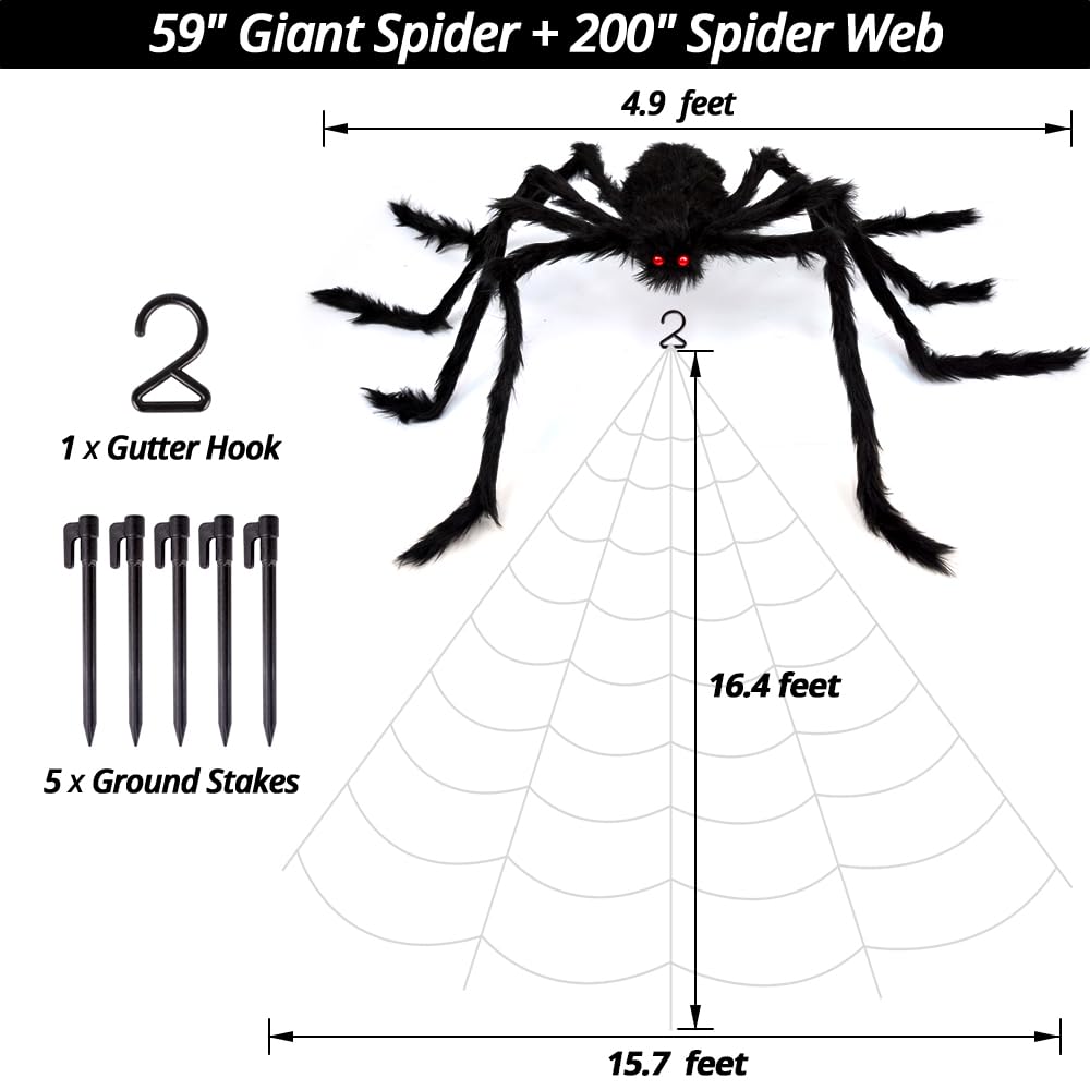 OCATO 200" Halloween Spider Web + 59" Giant Spider Decorations, Fake Spiders with Triangular Huge Spider Web, Indoor/Outdoor/Halloween Decorations/Yard/Home/Costumes Parties/Haunted House Decor, Black