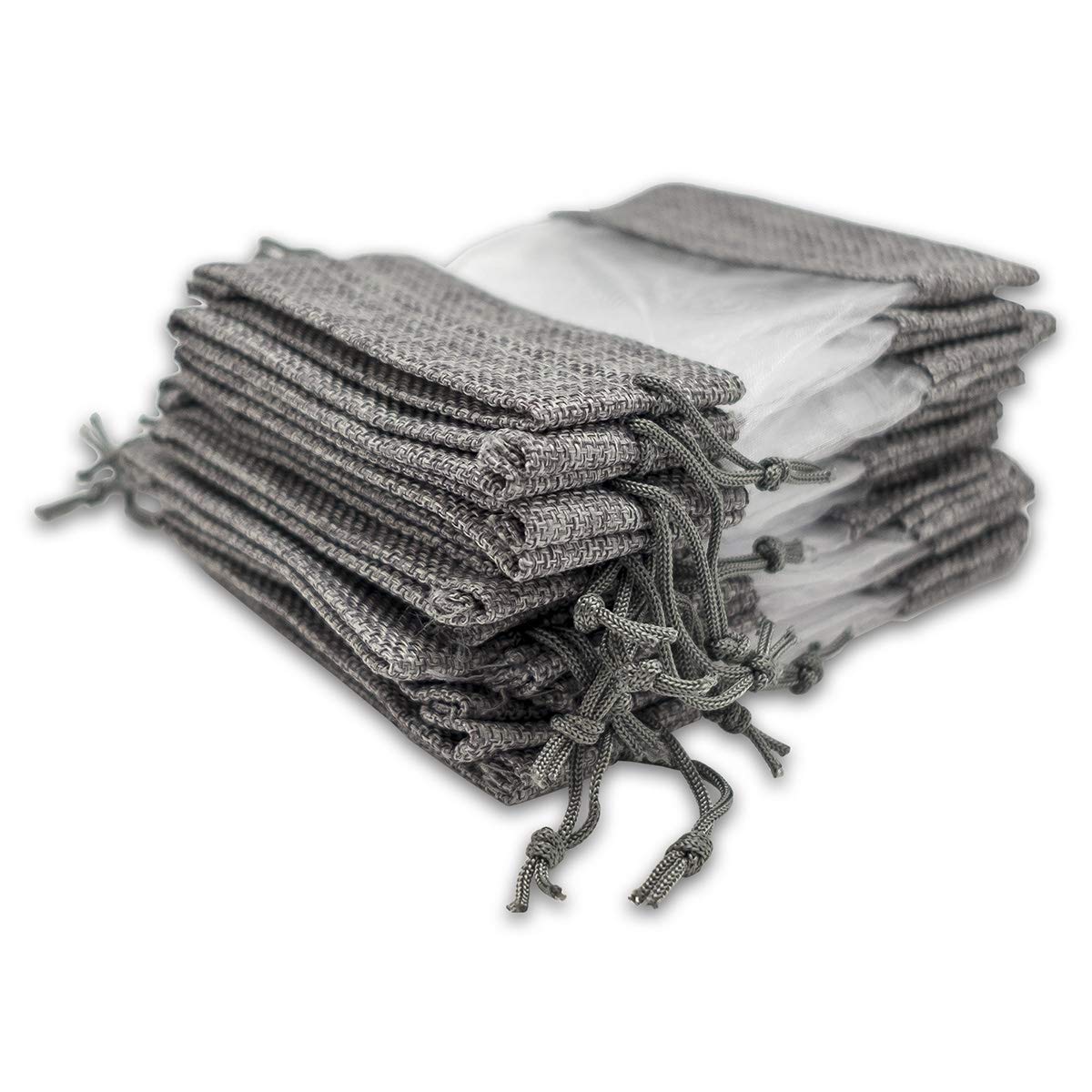 48-Pack X-Large Linen Burlap & Organza Gift Bags w. Drawstrings (7.5x11.5 in, Gray) - Party Favors, Presents, Samples & Treats Mesh Pouch by The Display Guys