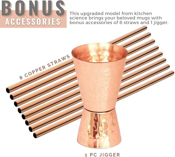 [Gift Set] Moscow Mule Copper Mugs Set of 48 (16oz) w/Straws & Jigger | 100% Pure Copper Cups, Tarnish-Resistant Food Grade Lacquered Finish, Ergonomic Handle (No Rivet) w/Solid Grip