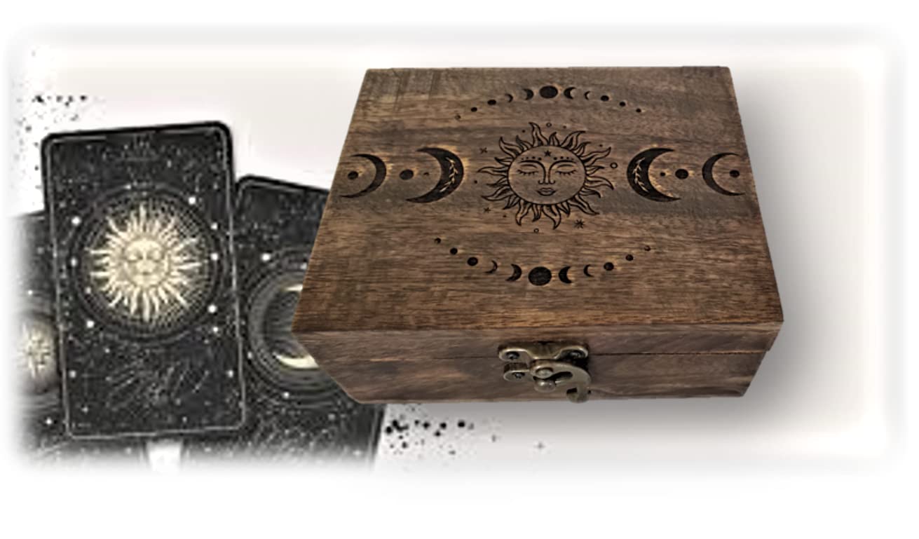 Engraved Wooden Tarot Box for Cards Crystal Holder | Sun and Moon Fortune Telling Astrology Trinket Keepsake Box. Fengshui Luck Talisman Decorative Gift Case/Holder