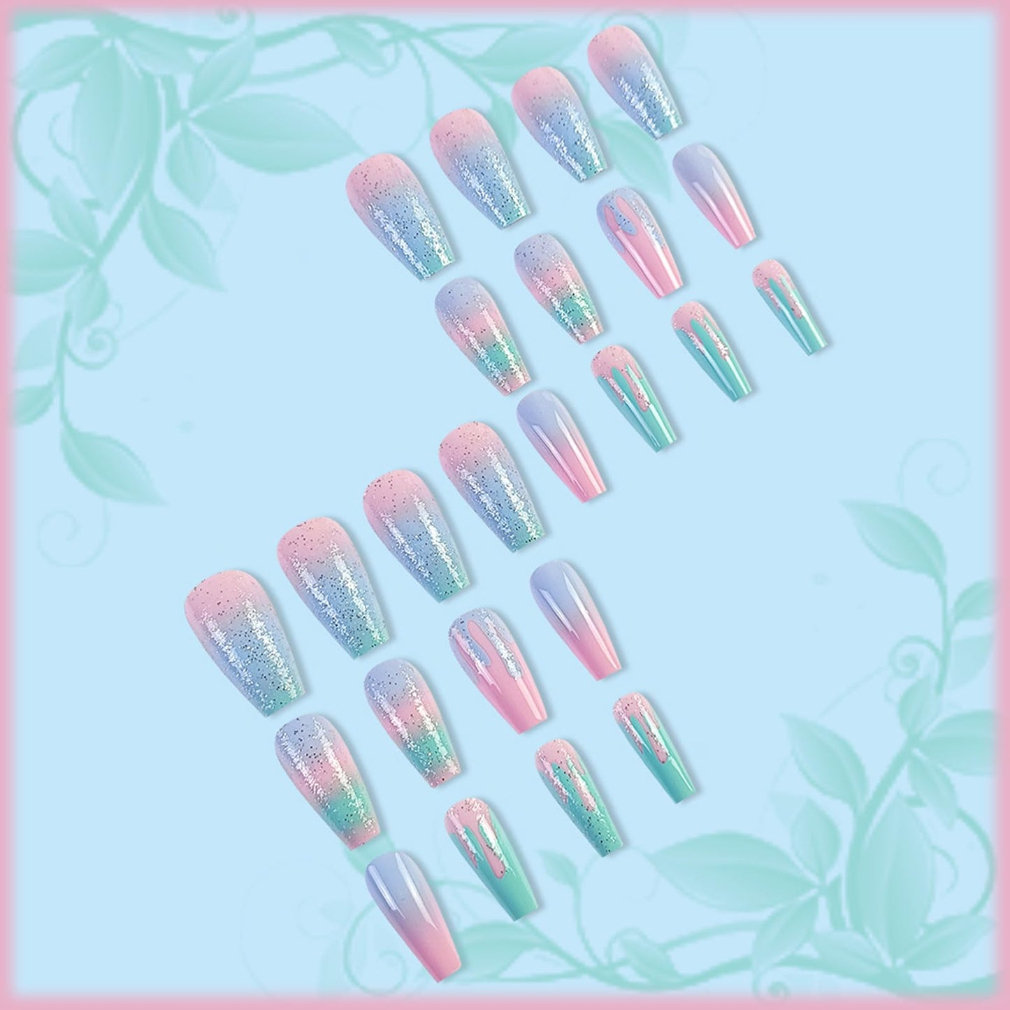 Coquette 24Pcs Rainbow Gradient Coffin Nails with Macaron Design - Sparkly Medium Glossy Glitter Manicure Art Acrylic False Nails