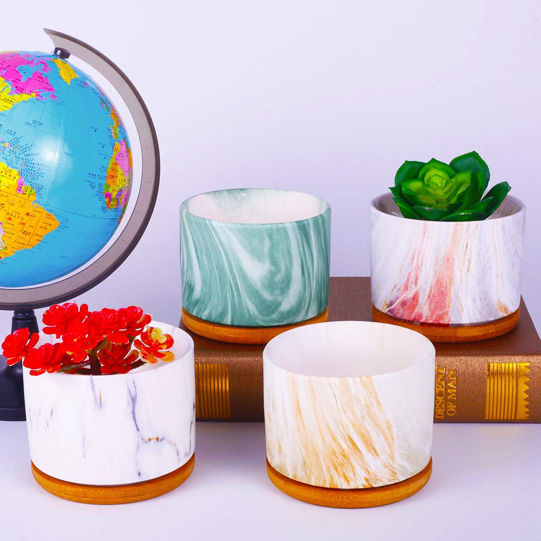 ROSE CREATE 4 pcs 4 Inches Ceramic Marbleizing Style, Big Planters with Bamboo Trays (Colorful)