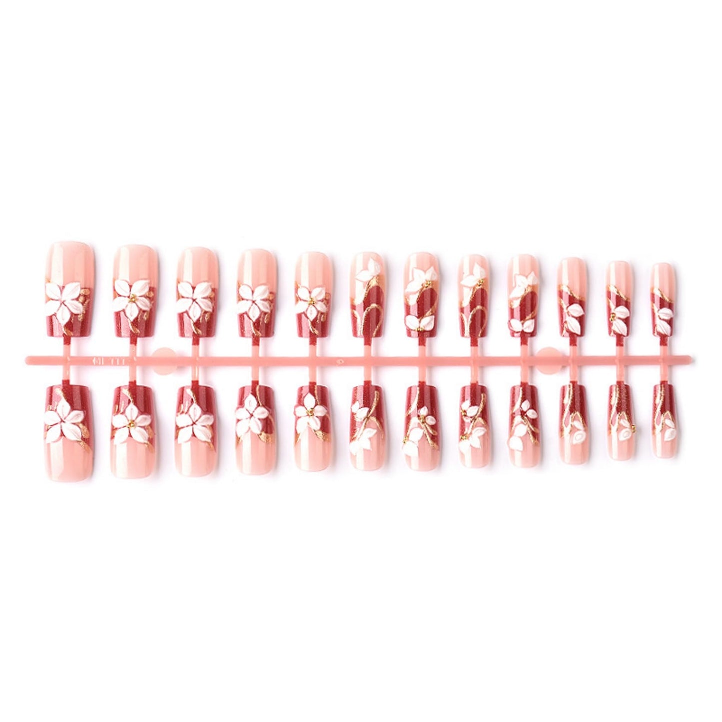 Long Press on Nails Square Fake Nails Red Artificial Nail 3D Floral and Gold Charm Designs Glossy Stick on Nail for Women 24pcs