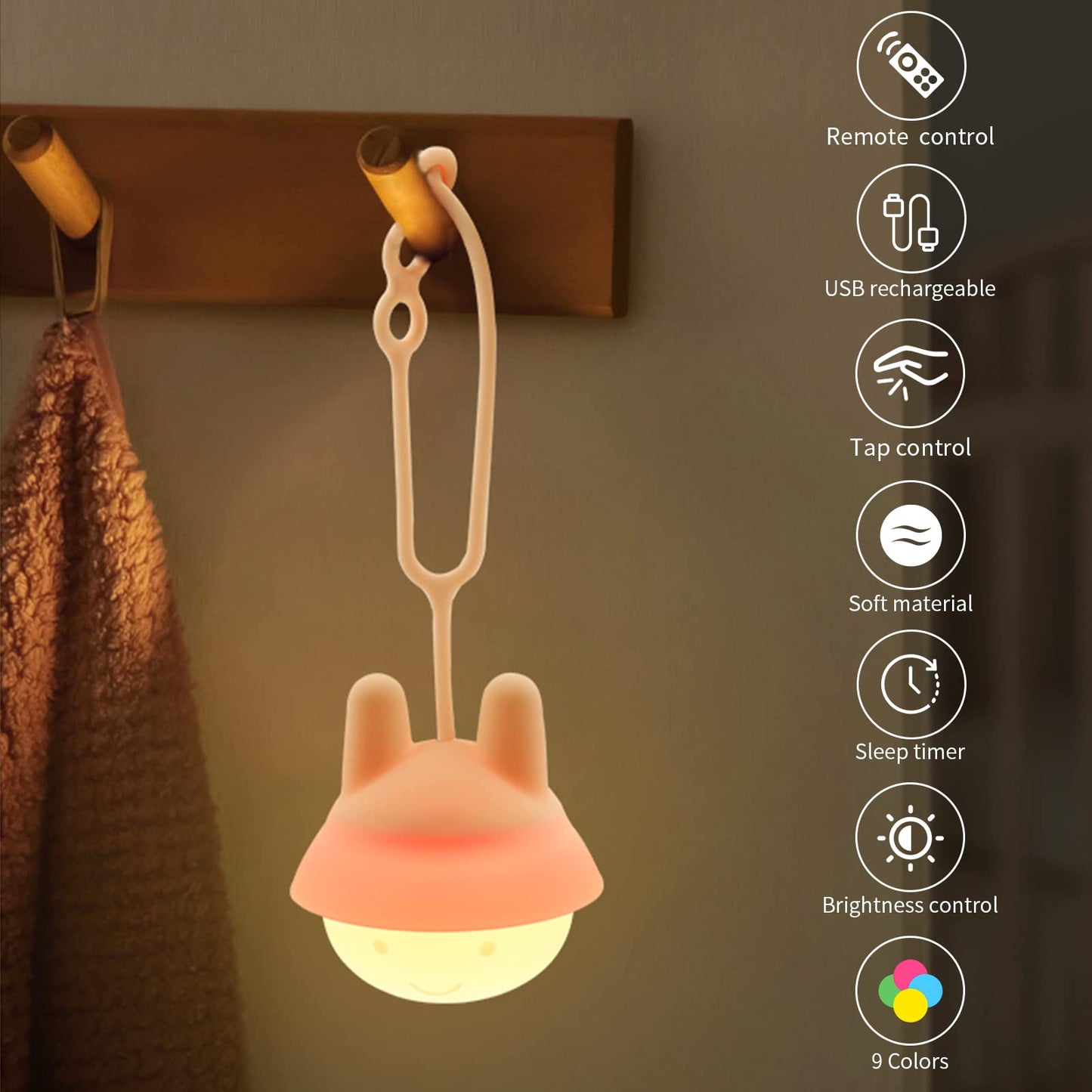 Baby Night Light for Car Seat- Dimming Function 9 Colors Changing Eye Caring Portable Rechargeable & Timing Bedside Lamp Light Up Toddler Bed Room Travel Essentials Squishy Silicone Infant BPA Free