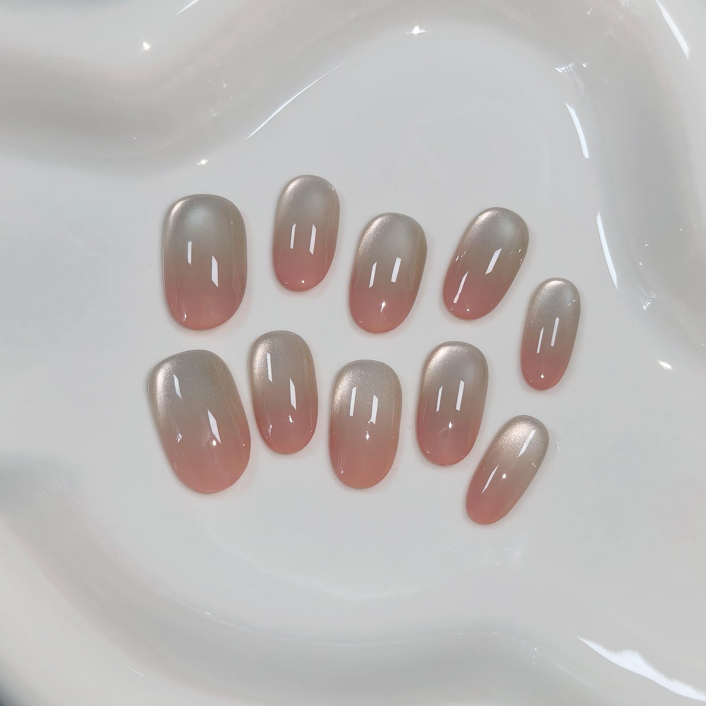 TENPAL Iridescent Cat Eye Press on Nails Medium Oval - Pink Ombre Waterglass Glitter & Handmade, Reusable Sheer False Nails for Everyday(XS)