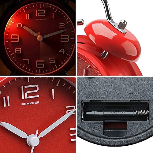 Peakeep 4 Inches Twin Bell Loud Alarm Clock for Heavy Sleepers | Backlight, Battery Operated Old Fashioned Alarm Clock for Bedrooms Kids' Room (3D-Dial, Red)