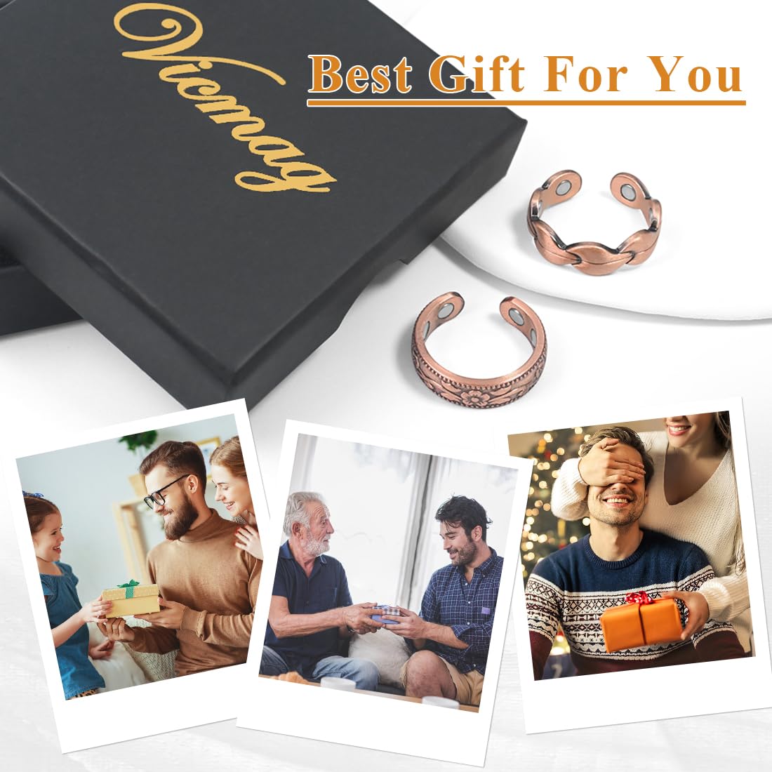 Vicmag Copper Magnetic Ring for Women, Magnetic Rings Ladies Fingers Thumb 100% Solid Pure Copper Jewelry Gift Adjustable (Rose Gold+Copper Flower)